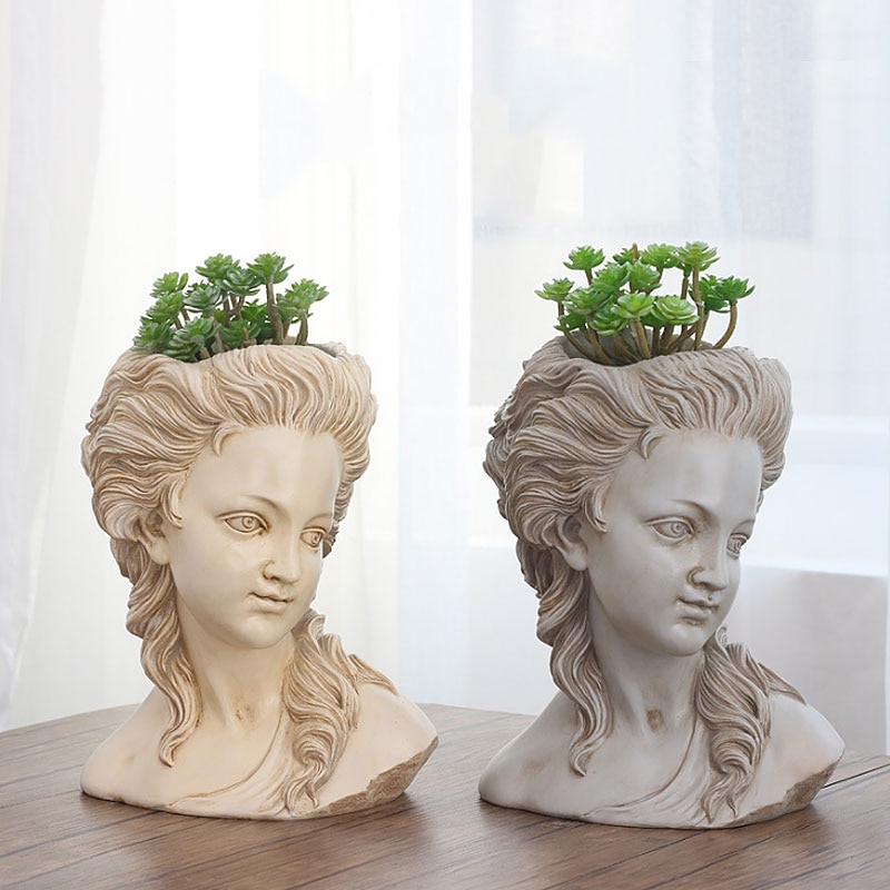 Grekisk Gudinna Huvud Blomkruka i Resin - Europeisk Retro Stil - För Sukkulenter och Bonsai