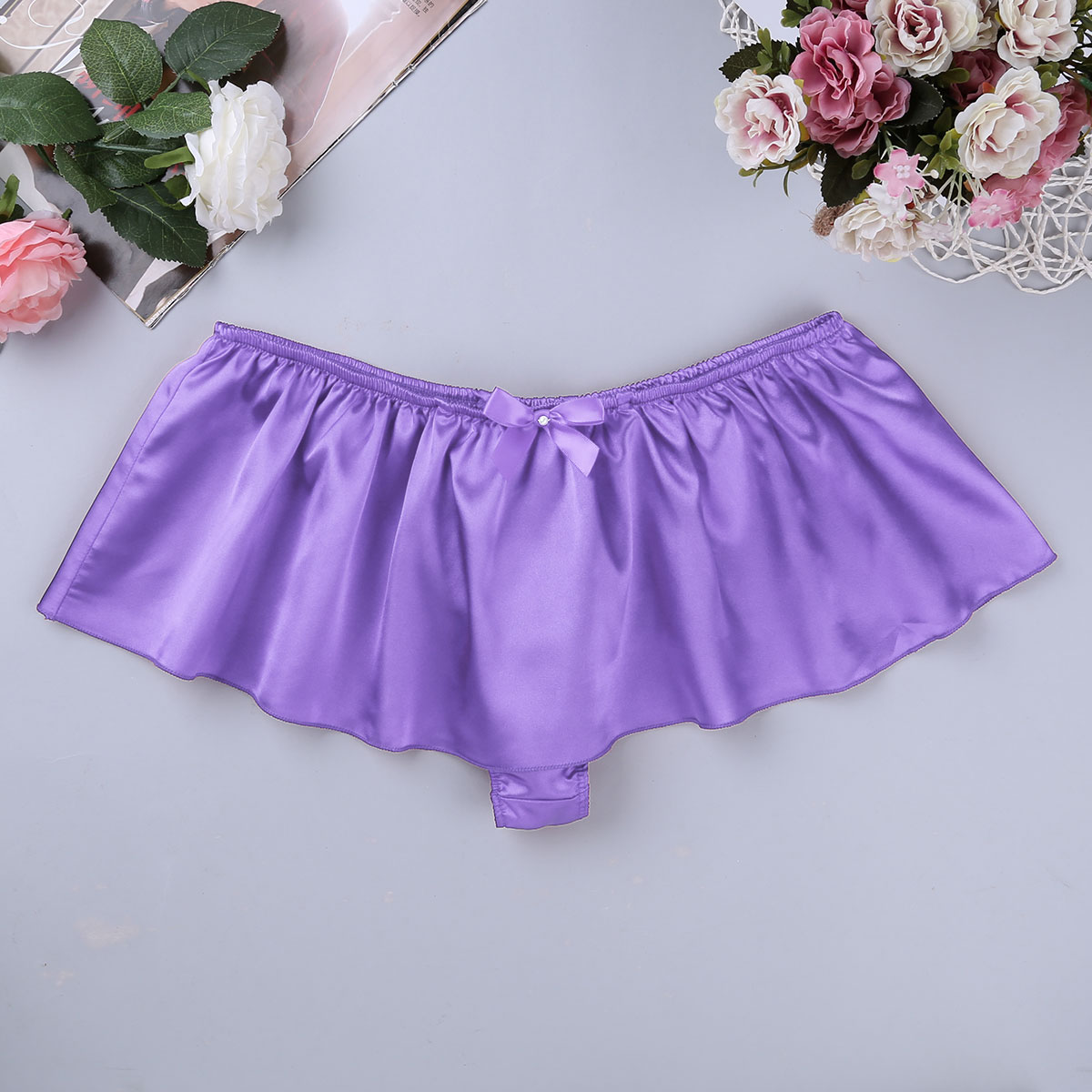String en Satin de soie pour hommes, jupe-culotte à volants: Purple / XL