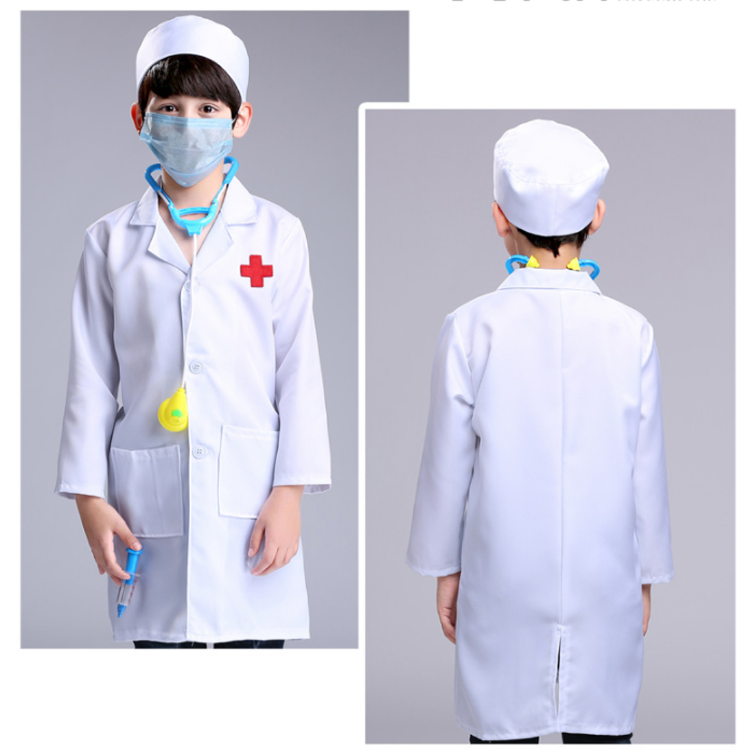 Pretend Play Little Nurse Doctor Role Playing Costume For 90cm 110cm 130cm Children Boys- Long Doctor Sleeve + Cap