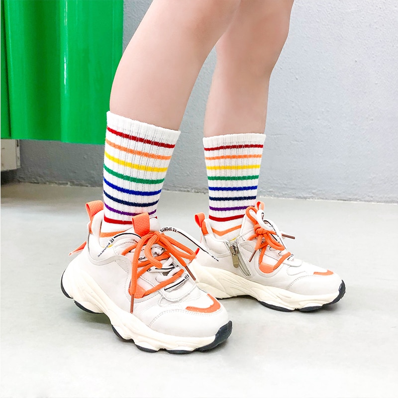 Kids Knee High Rainbow Socks Spring Summer Toddler Child Girls Boys Cotton White School Socks Stripe Long Sock Baby Accessories