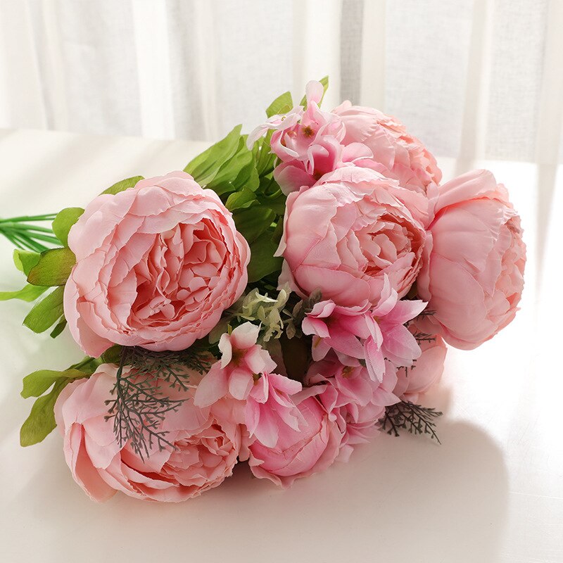 13 grener små ferske, kunstig silkepionbuketter store blomster til bryllupsfest kontorhotell og hjemmedekorasjon: 9
