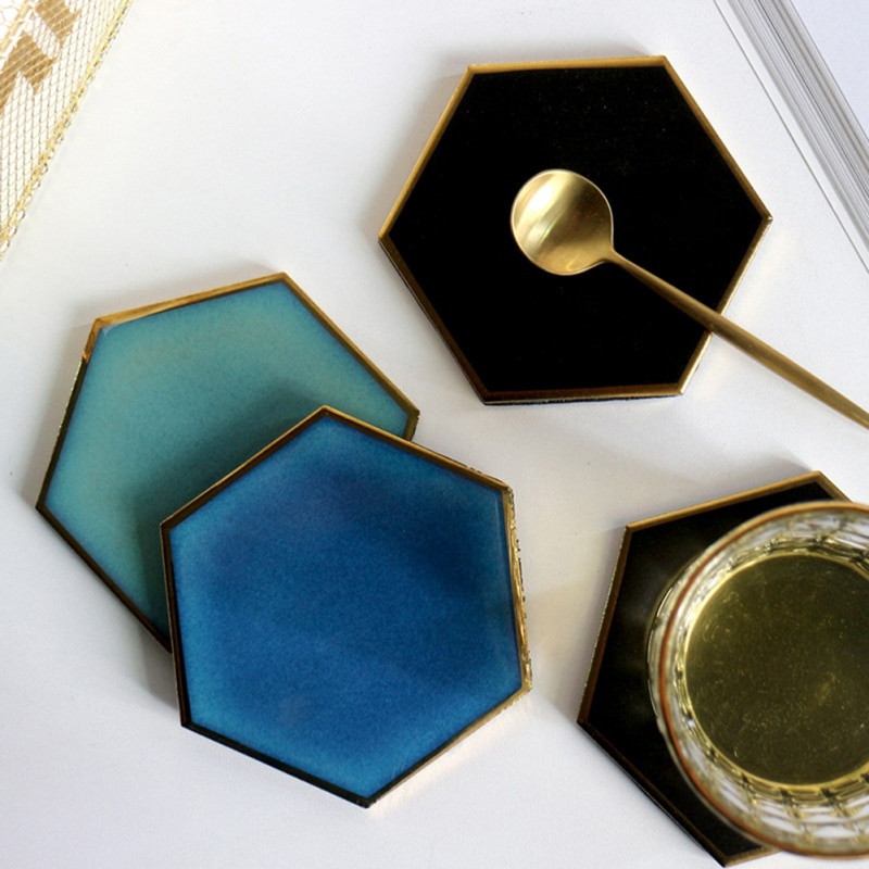 1 st nordisk hexagon guldpläterad keramisk bordstablett värmeisolering underlägg porslinsmattor underlägg bordsdekoration