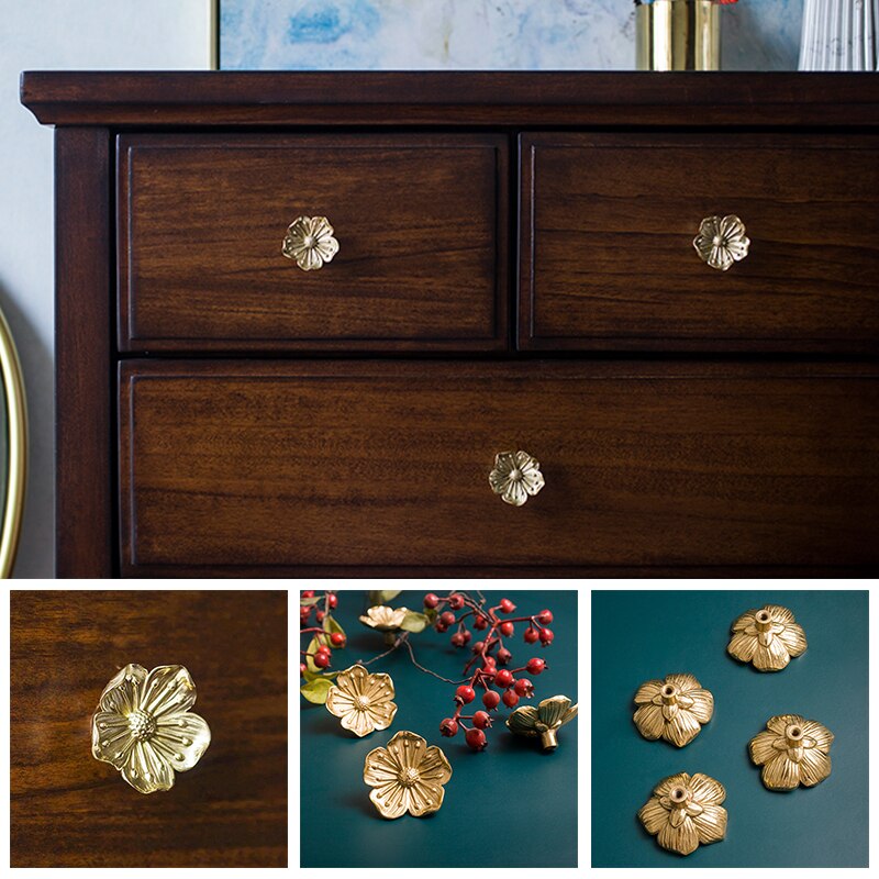 Antique Brass Golden Cabinet Wardrobe Handles Plum Blossom Flower Knobs and Pulls Retro Kitchen Door Handles Furniture Hareware