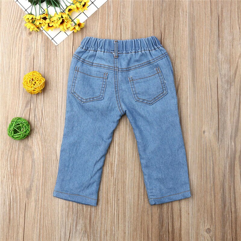 Kid pige sommer afslappet jeans strimlet hul jeans denim bukser elastiske bukser baby jean spædbarn tøj