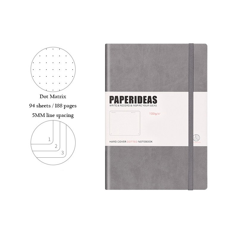 Hardcover A5 Dot Matrix Notebook Dot Ding Planner 100GSM 188 Pages Acid-free Paper Notepad Supplies Stationery D40: gray