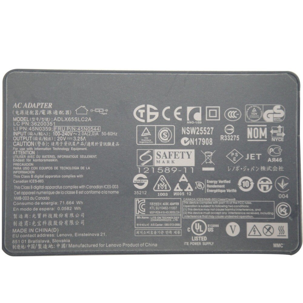 100% Original 20V 3.25A 65W Slim AC Adapter For Lenovo G400 G500 With USB Pin ADLX65SLC2A 36200351 Laptop Power Chargers