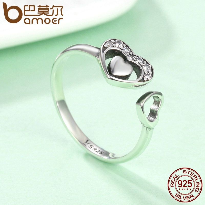 BAMOER 925 en argent Sterling coeur en coeur pavé CZ ouvert bague en cristal anneaux pour les femmes authentique argent bijoux SCR168