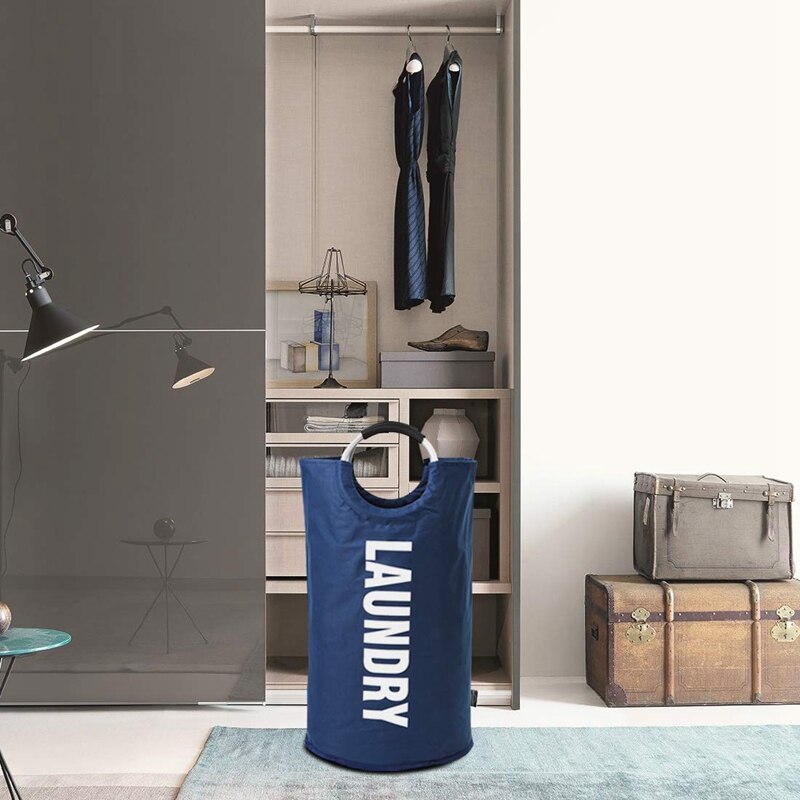 Sammenklappelig vasketøjskurv med håndtag vandtætte bærbare sammenklappelige vaskeposer hindrer sovesale i hjemmet: Dyb blå
