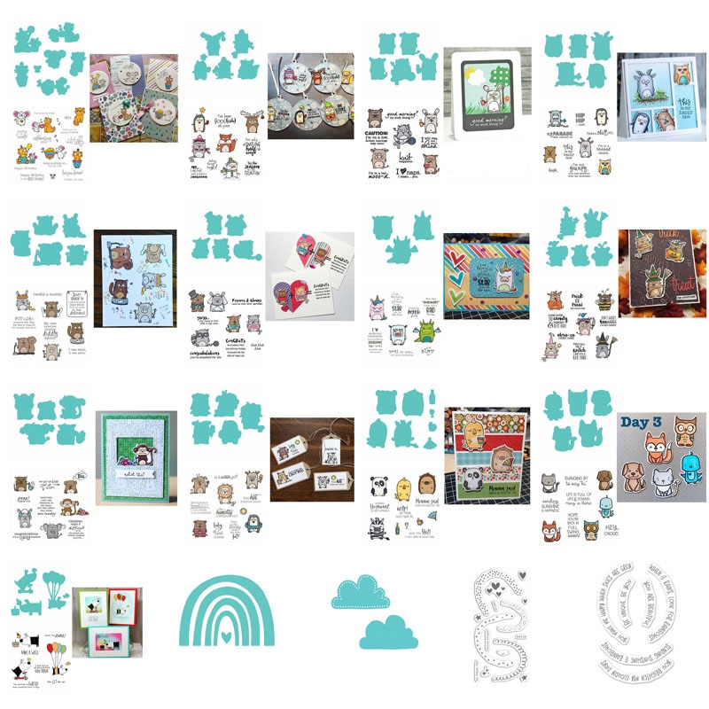 Set van 2 schattige kleine dieren (panda, kuiken, egel en zebra) met grappige sentimenten, stempel en stans voor doe-het-zelf scrapbooking