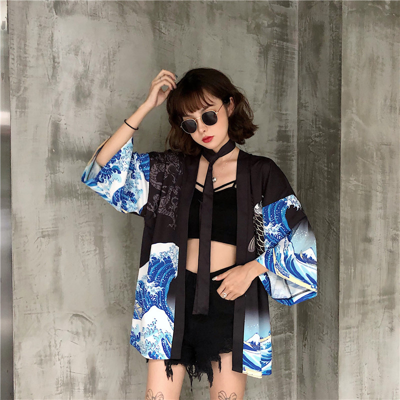 La grande vague de Kanagawa femme japonais traditionnel Orient ethnique Cardigan Kimono manteau unisexe mince lâche Ukiyo-e tenues