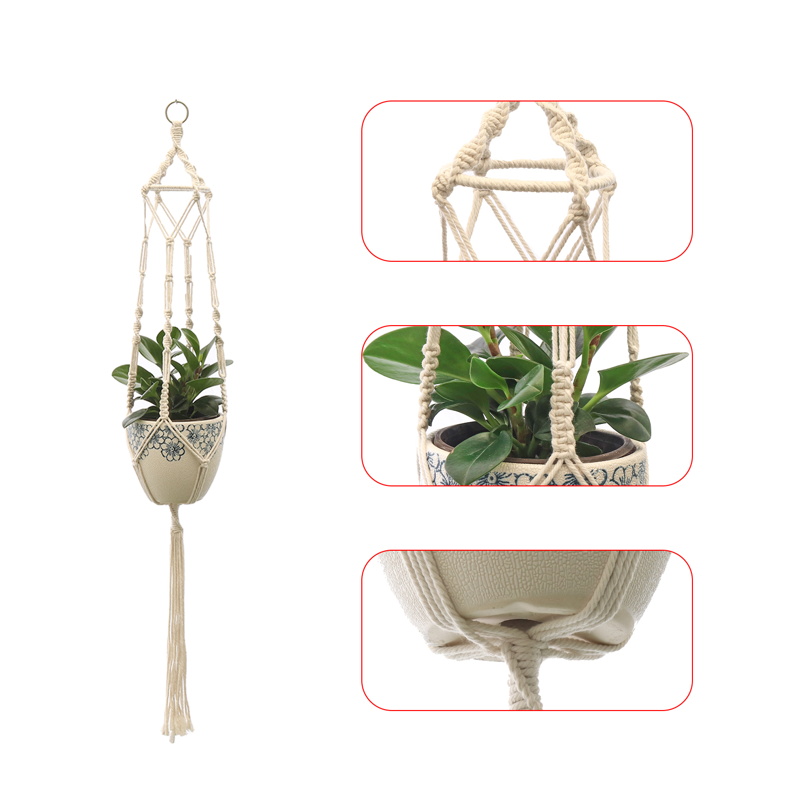 Handmade Macrame Hemp Rope Plant Hanger Basket Woven Hanging Flower Pot Wall Hang Planter Pot for Home Garden Decoration Tools
