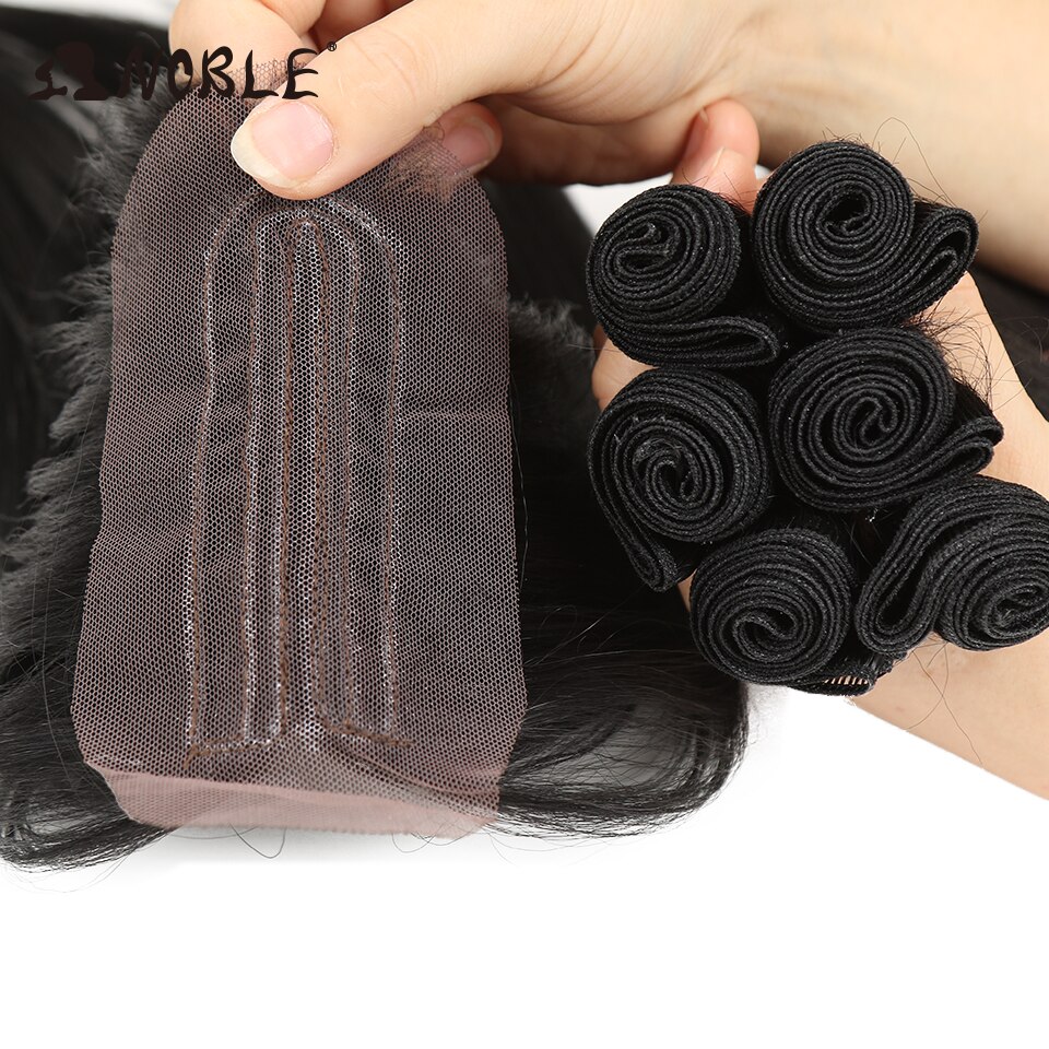 Pelo sintético Noble, mechones de pelo liso rizado, 7 unidades por paquete, mechones de pelo manojo de extensiones de cabello mechones con cierre, pelo liso rizado