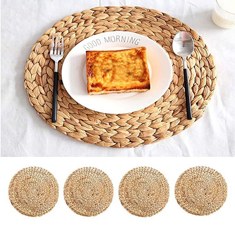 Natural Table Mat Handmade Water Hyacinth Woven Placemat Round Braided Mat Heat Resistant Insulation Anti-Skidding Pad