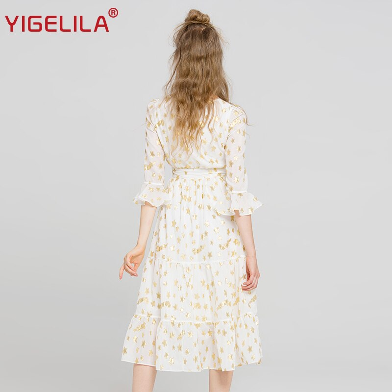 YIGELILA Latest Women White Embroidery Dress V-neck Flare Sleeve Empire Slim Mid Length A-line Dress 63055