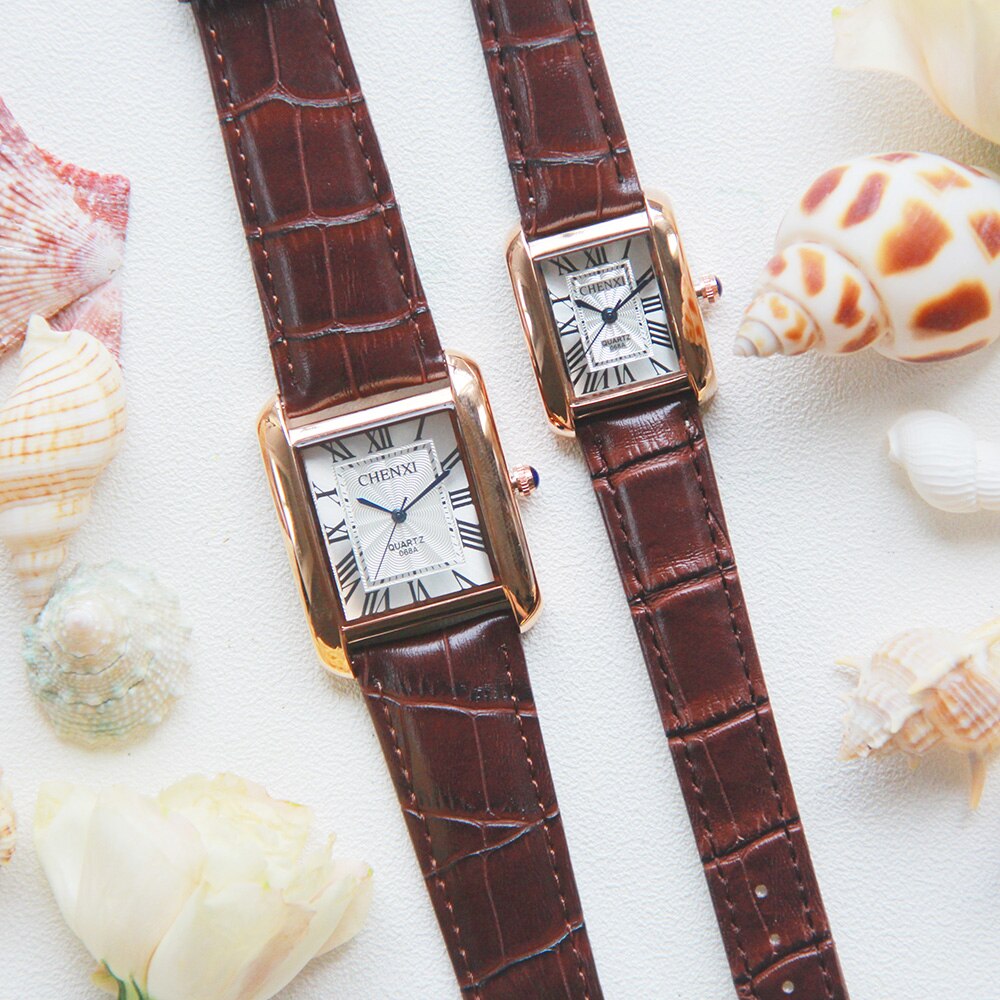 Luksus mærke chenxi mænd kvinder casual quartz ure retro firkant romertal minimalisme læderrem kjole ur