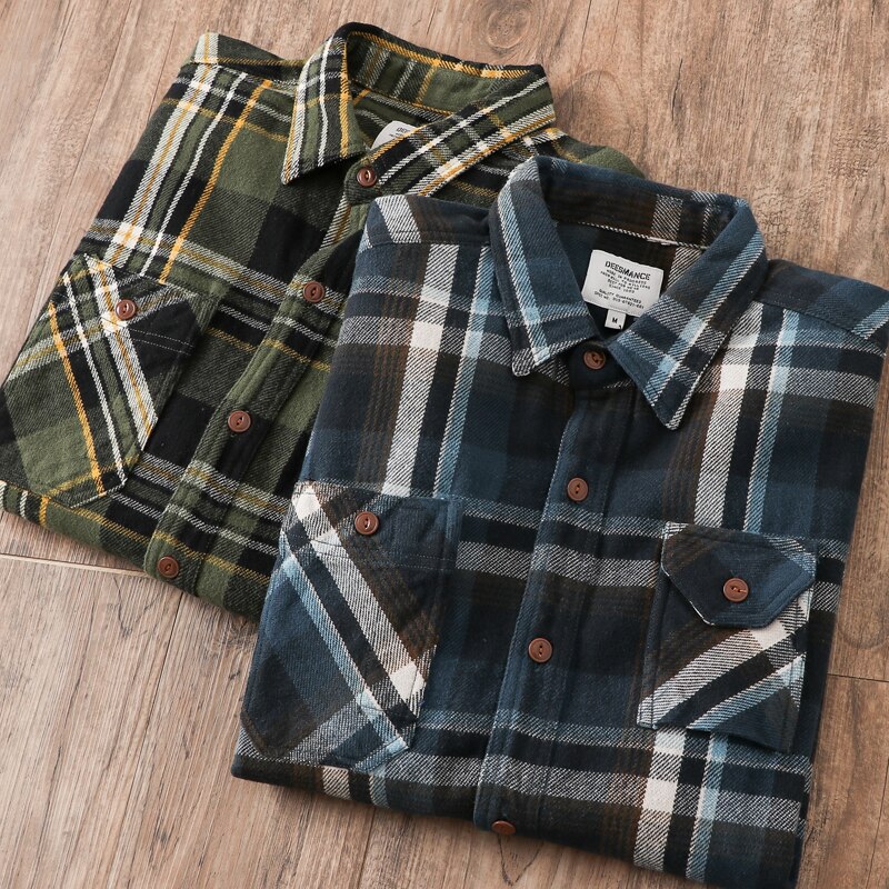 Unisex Long Spring Autumn Plaid Blue Brushed Flannel Shirt Jackets for Men Vintage Thick Urban Street Wear