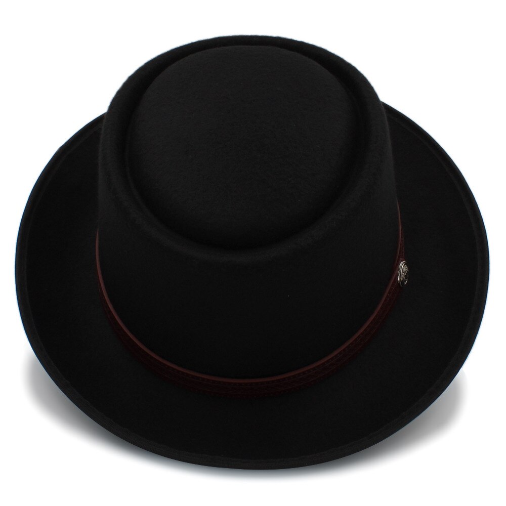 Chapeau en tarte de porc pour femmes hommes | Chapeau Fedora plat en laine pour Gentleman, papa Gambler Panama Trilby chapeau avec Belwt taille 58CM