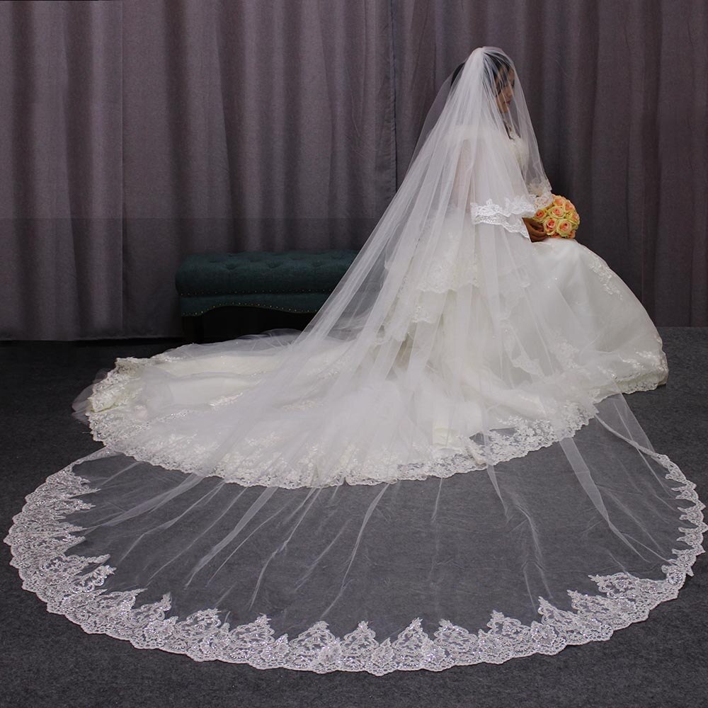 2 Schichten Lange 3 M Hochzeit Schleier 3 Meter 2 T Pailletten Spitze Abdeckung Gesicht Weiß Elfenbein Braut schleier Braut Zubehör