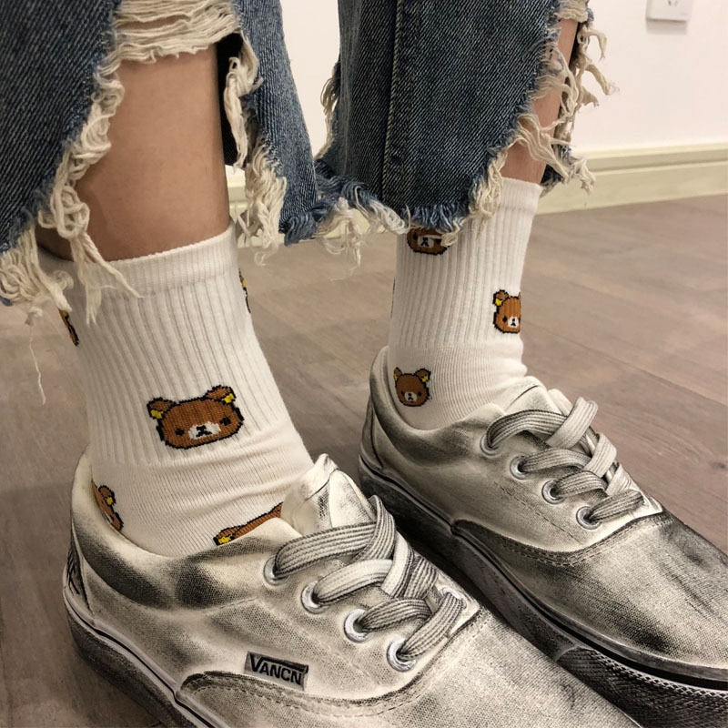 1 Pair of Cute Cartoon Women's Pure Cotton Socks Cute and Fashionable Bear Socks Five Colors of Pure Cotton Female Socks