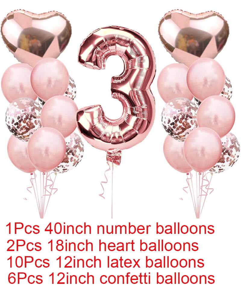 Søde 1st fødselsdag rose guld tal balloner 2 3 4 5 6 7 8 9 års fødselsdagsfest dekorationer børn konfetti ballon børns xn: Sæt 3 sæt