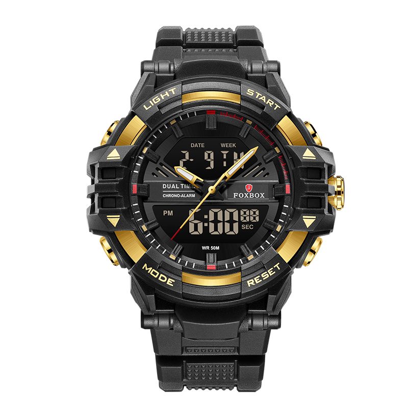 Foxbox Digitaal Herenhorloge Waterdicht Horloge Led Quartz Dual Display Horloge Sport Heren Eenvoudige Mode Daily Wear Reloj Hombre: Goud