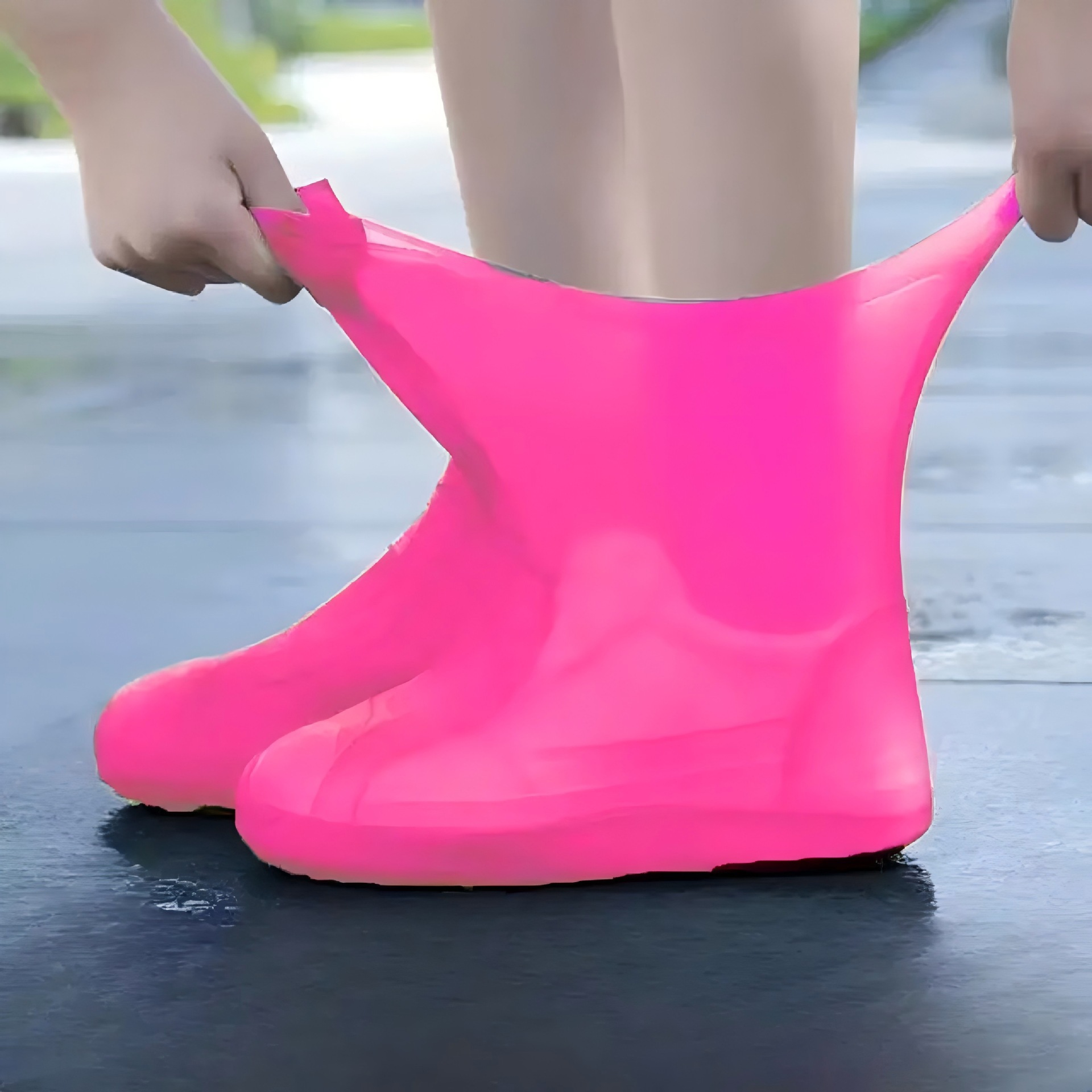 1 par de cubrezapatos de goma para botas de lluvia para uso en exteriores, cubrezapatos impermeables de silicona, cubrezapatos para días lluviosos, lluvia antideslizante reutilizable: Rosa