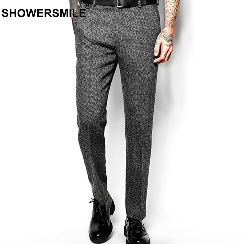 Showersmile herr retro byxor ylle byxor herr business grå fiskbens slim fit klänning byxor tweed ylle kläder england stil
