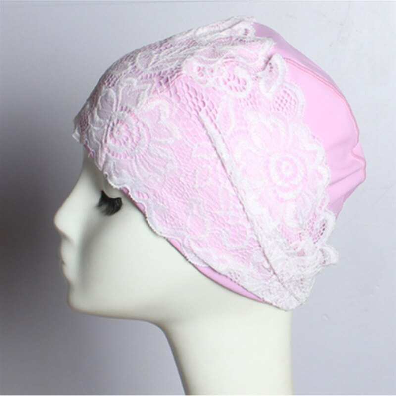 Badmuts voor dames, badmuts met kant, bloemen, waterdichte pu-coating, badmutsen voor zwembaden, beschermen lang haar en oren voor vrouwen: Roze