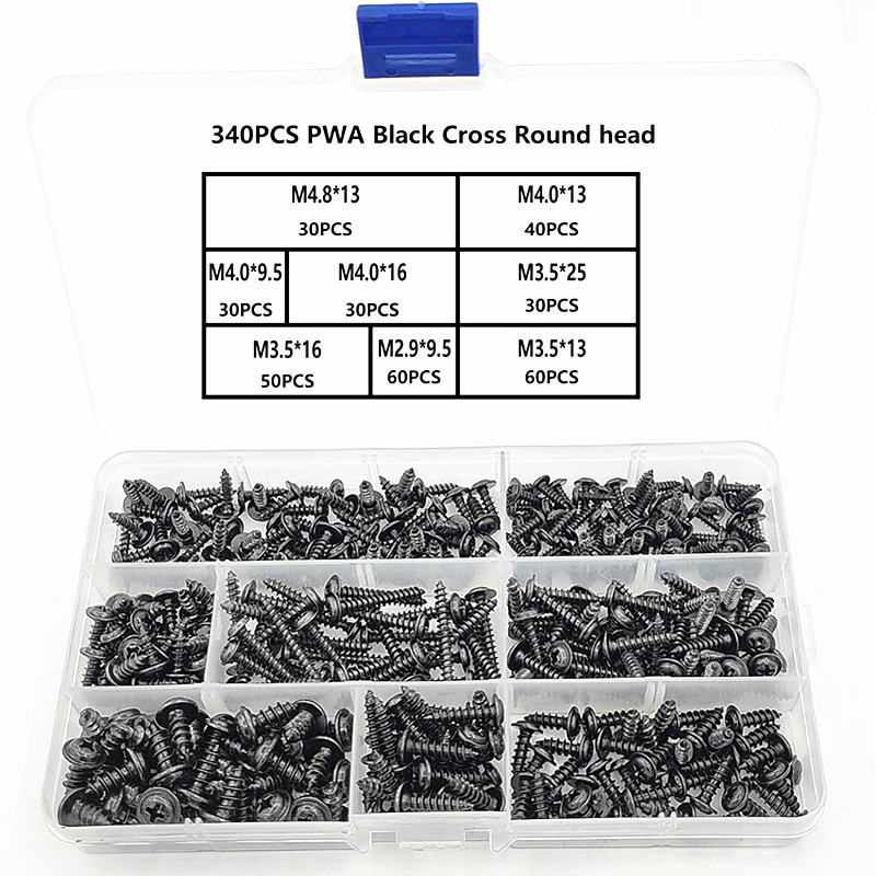 340pcs/box M2-M4 Pan Head Tapping Screw Cross Head PWA Self Tapping Screw Set Assortment Kit Black Furniture Carbon Steel