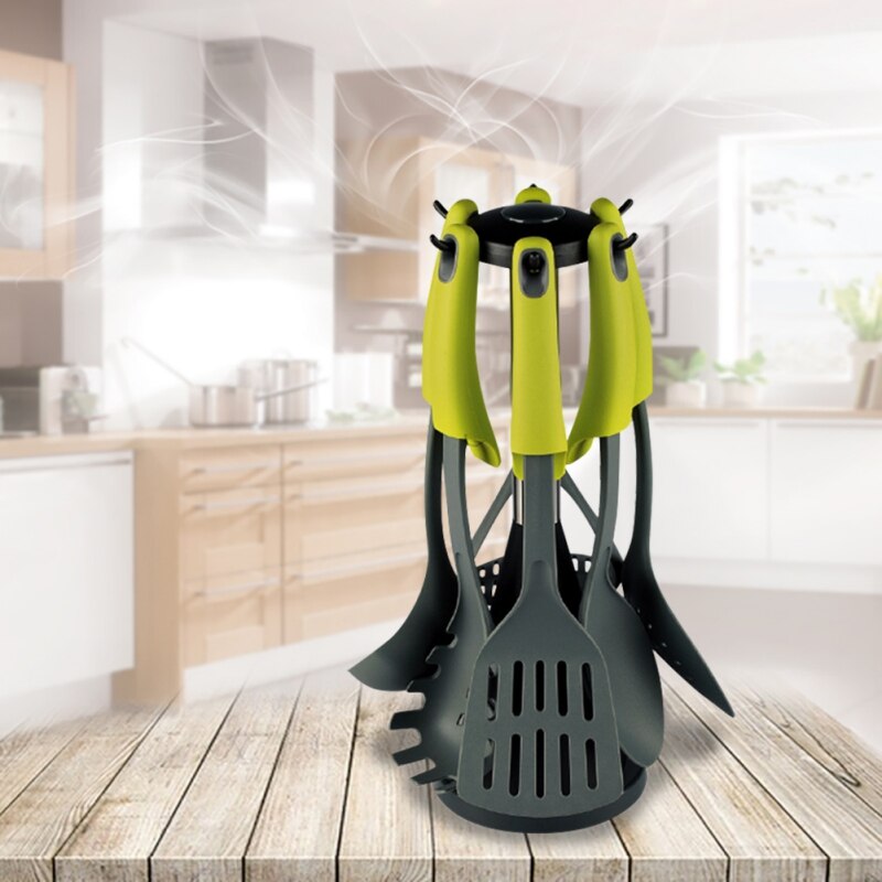 6pcs/set Nylon Cooking Utensils Set Non-stick Flat Spatula Soup Colander With Stand Rack Holder Home Kitchenware