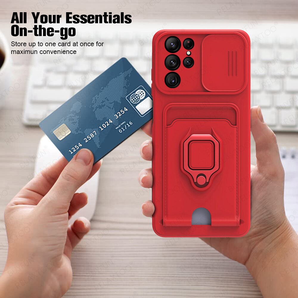 TPU Glissière Caméra Protéger Étui Pour Samsung Galaxy S 22 S22 Ultra Plus Portefeuille Carte Fente Couverture S22Ultra Anneau Magnétique Support De Coque