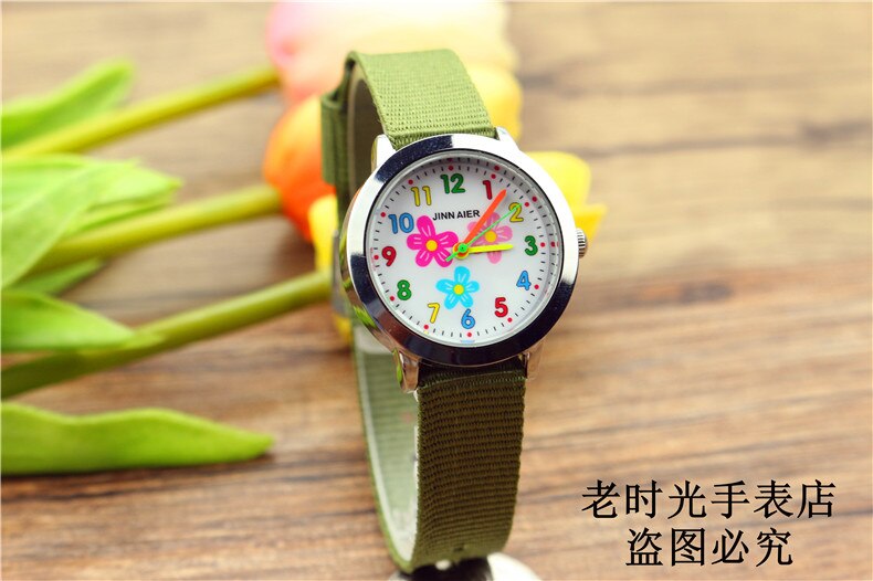 simple boys and girls learn to time number quartz watch kids luminous hands tutor nylon sports Dibujos de reloj: flower green