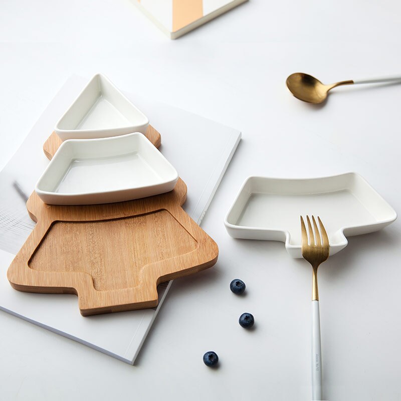 4Pcs/set Christmas Tree Dish Dinnerware Salad Cake Fruit Dessert Candy Ceramic Dishes Porcelain Plates Tray Tableware Set Xmas