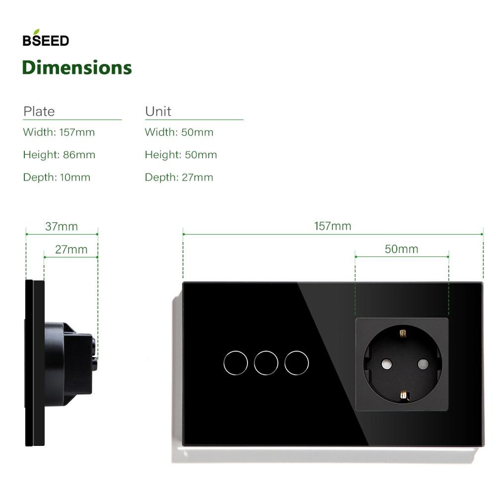 Bseed eu standard touch-afbryder 3 gang 1- vejs 2- vejs vægkontakt stik 3 farver krystal glas panel touch switch hvid sort glod