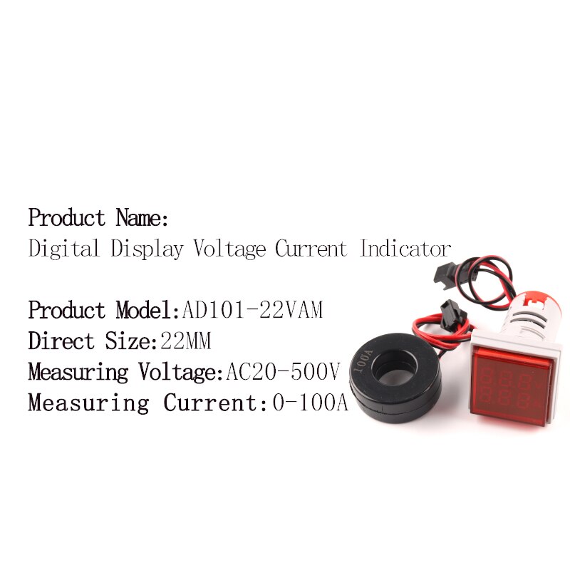 22mm okrągły kwadrat podwójna lampa doprowadziło wskaźnik pilot LightDigital woltomierz amperomierz 0-100A wzmacniacz napięcie wolt miernik testowy AC 20-500V: VAM kwadrat czerwony