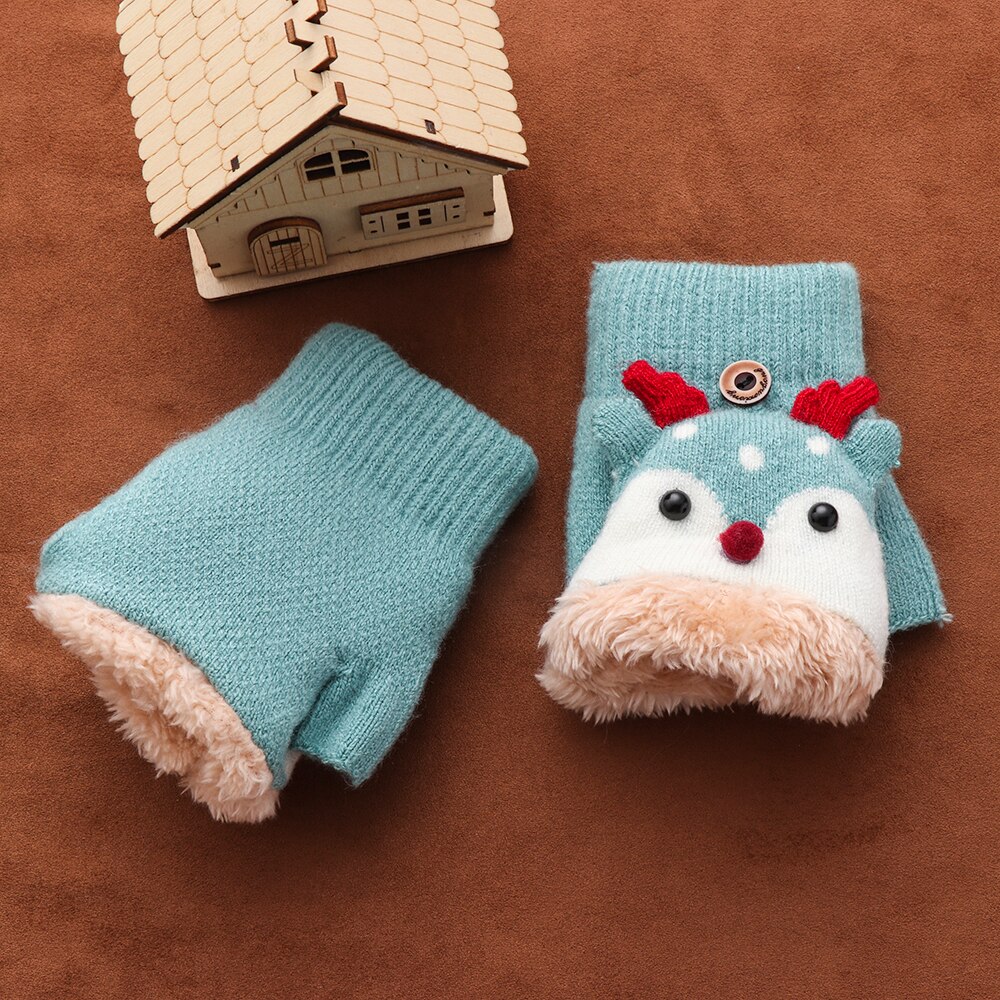3-7 Year Old Kids Knitted Mittens Children Cute Deer Plus Velvet Padded Gloves Cartoon Kindergarten Clamshell Fingerless Gloves