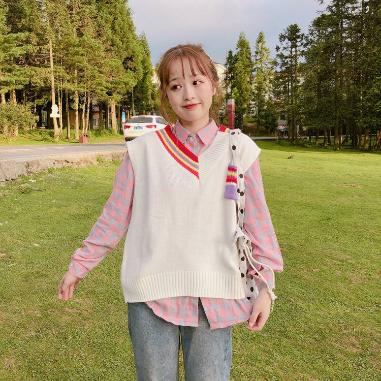 Pull gilet femmes printemps Patchwork poche col en v Kawaii coréen Preppy Style femmes gilet sans manches Chic doux: white / L