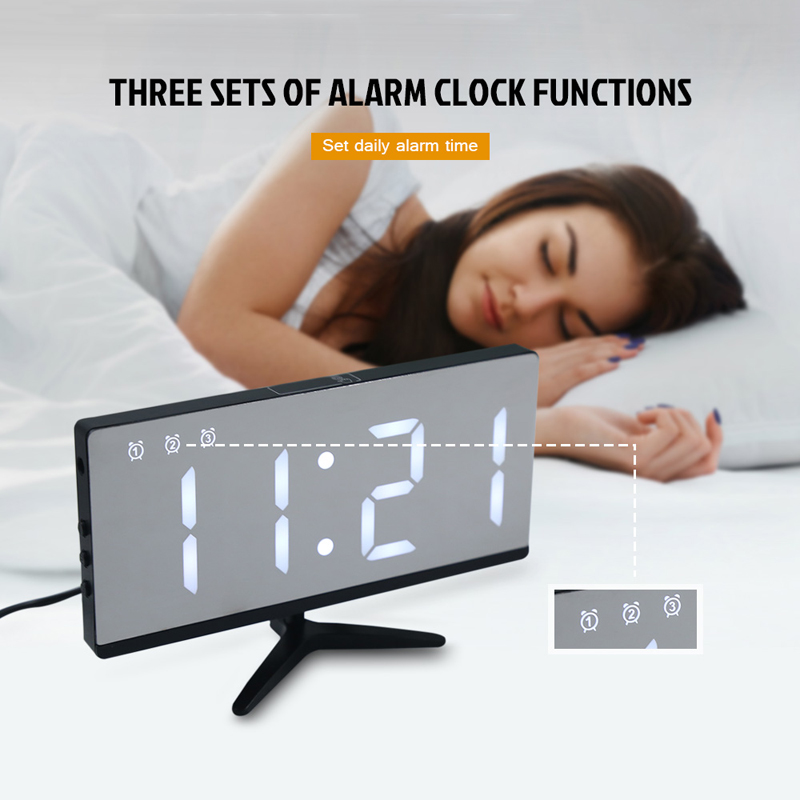 Digital led vekkerklokke speil usb-ladeport multifunksjon stor lcd-skjerm bordklokke med temperatur snooze skrivebordsklokker