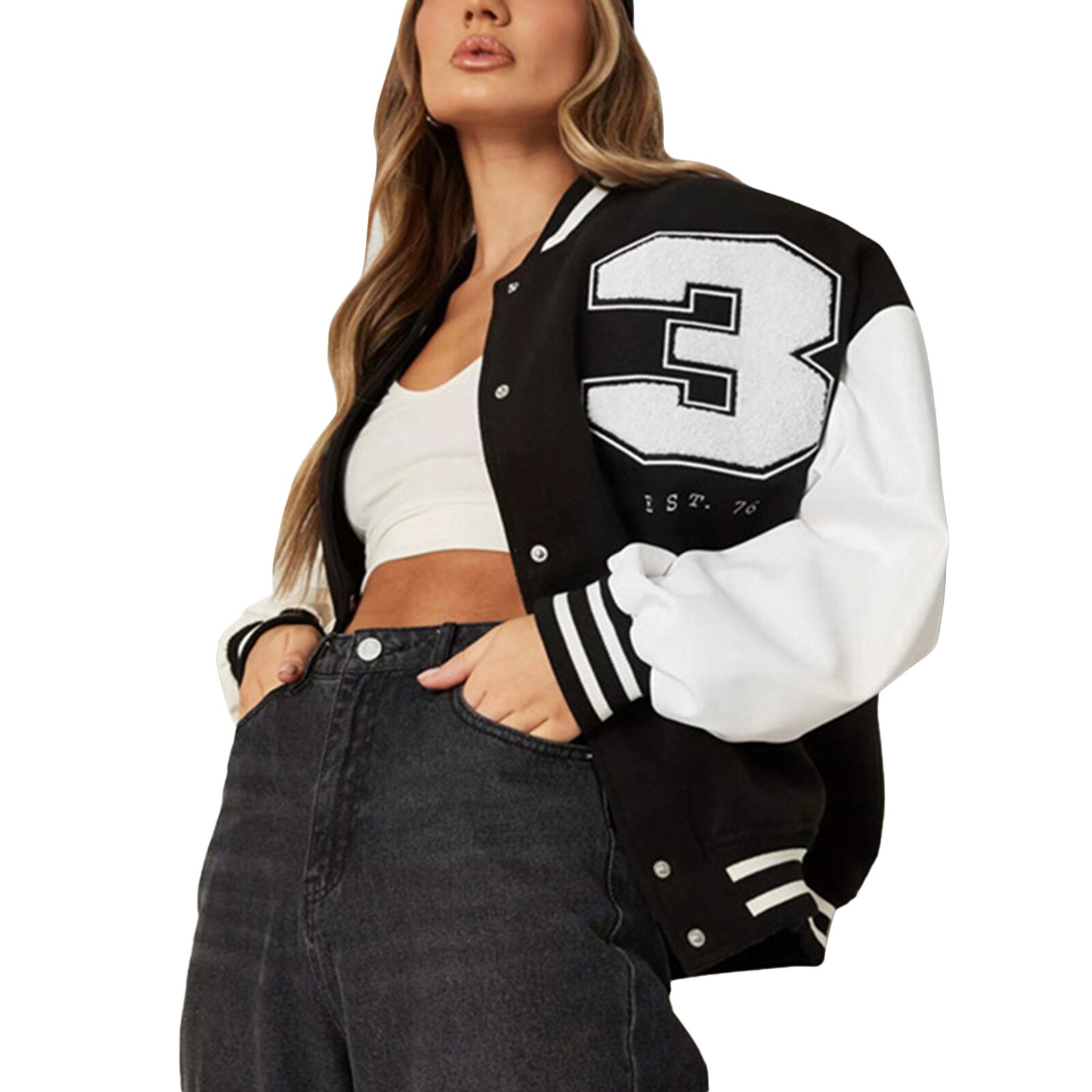 Vrouwelijke Baseball Jas Dames Contrast Kleur Nummer Patronen Lange Mouwen Jas Voor De Lente Herfst Zwart Wit S/M/L