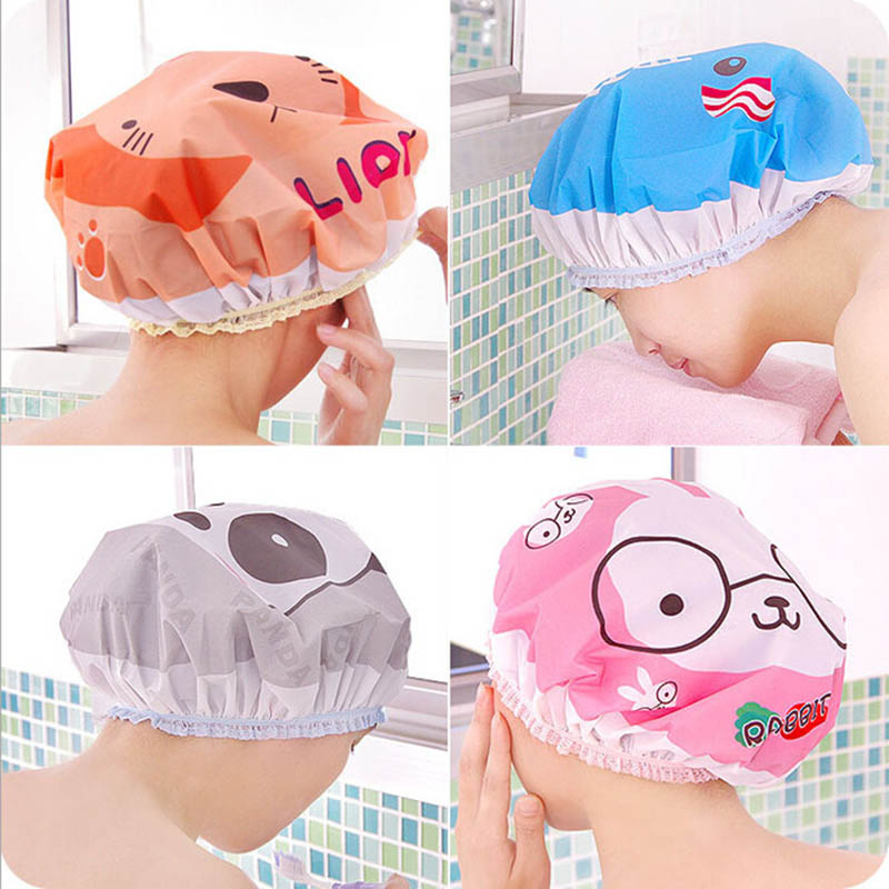 Gorra de baño para la ducha con dibujos animados, gorro de encaje elástico para baño y saunas, gorro para spa, protección para el cabello para niños y mujeres