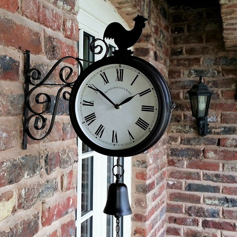 Outdoor Garden Wall Station Clock Double Sided Cockerel Vintage Retro Home Decor