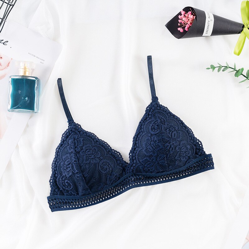 CHRLEISURE French Triangle Cup Lace Bra Back Buckle Beauty Back Underwear Wireless Gather Bras For Women Small Breasts: Blue