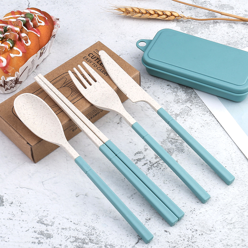 Reizen Bestek Bestek Draagbare Box Japan Stijl Tarwestro Mes Vork Lepel Eetstokjes Student Keuken Servies Set: 4 set / Green