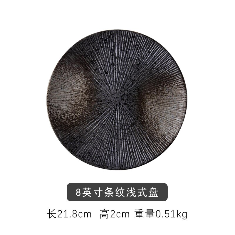 Japansk keramik vestlig ret pasta bøffad rund skål frugtskål sort krat servise tallerken sæt: 8 tommer
