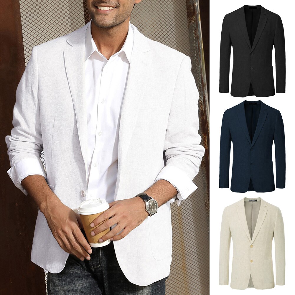 Chaqueta de dos botones para hombre, chaqueta con bolsillos, solapa de muesca transpirable, Tops elegantes, Ropa de Trabajo de oficina de Color sólido clásico