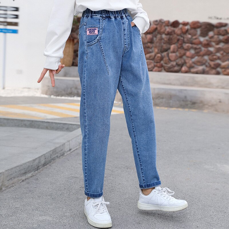 Lente Peuter Meisje Jeans Broek Katoen Elastische Taille Denim Broek Voor Tiener School Meisjes Effen Kleur Kinderen Kleding