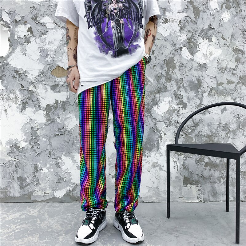 M-xxl värikkäät yökerhohousut miesten joustava vyötärö kirkas hip hop streetwear housut miesten vaatteet väljä istuvuus