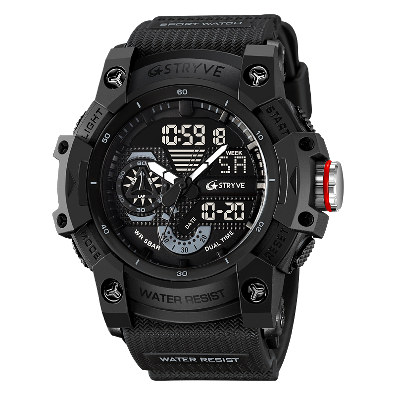 STRYVE Sports Dual Display Watch For Men LED Digital Quartz Waterproof Watches Men's Stopwatches Clock Youth Wristwatches 8029: black