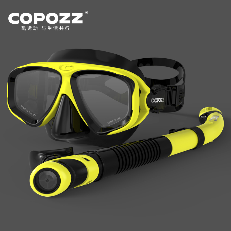COPOZZ-mascarilla de buceo , sin empañamiento, snorkel, gafas de buceo, sello, máscara de vidrio templado para buceo, gafas para hombres y mujeres: YELLOW