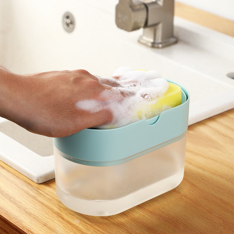 2 In 1 Kitchen Hand Press Soap Lye Soap Storage Box Pump Soap Press Dispenser Box Detergent Filling Injector Sponge Automatic
